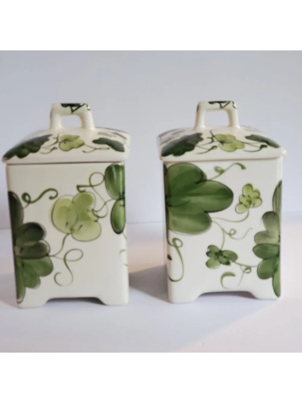 Jay Wilfred Canisters Square Ceramic Ivory Green Leaf Design Portugal - Set of 2